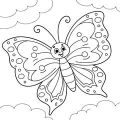 Adorable cartoon butterfly outline smiling with clouds perfect for coloring pages and children's books