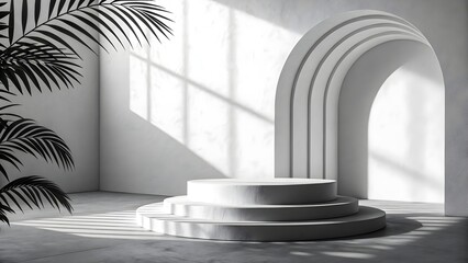Minimalist white tiered display podium, sunlit studio backdrop, architectural arches, palm leaf shadow, clean modern design, product presentation, blank template, copy space.
