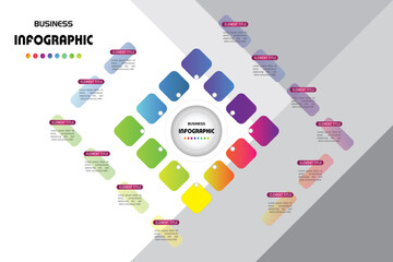 Circular business infographic with colorful square segments around a central hub, perfect for strategy, planning, data presentation, and modern visual storytelling.