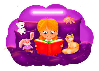A girl on the bed is reading a book to toys and a cat. Children's illustration