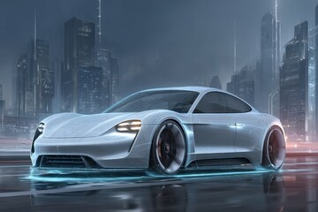 Futuristic rendering of an electric sports car with glowing lines against a cityscape, evoking speed and innovation with an ethereal, modern design for automotive enthusiasts.