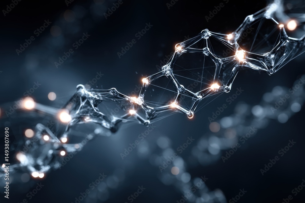 Poster abstract molecular structure with glowing points on a dark background, showcasing interconnectedness