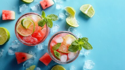 Top view trendy summer cocktails with lime watermelon mint and ice on blue background Beach bar vibe