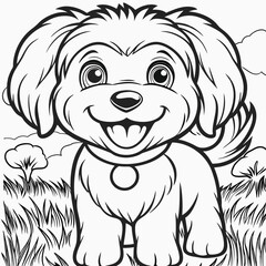 Cartoon puppy smiling in a field black and white illustration for coloring and design