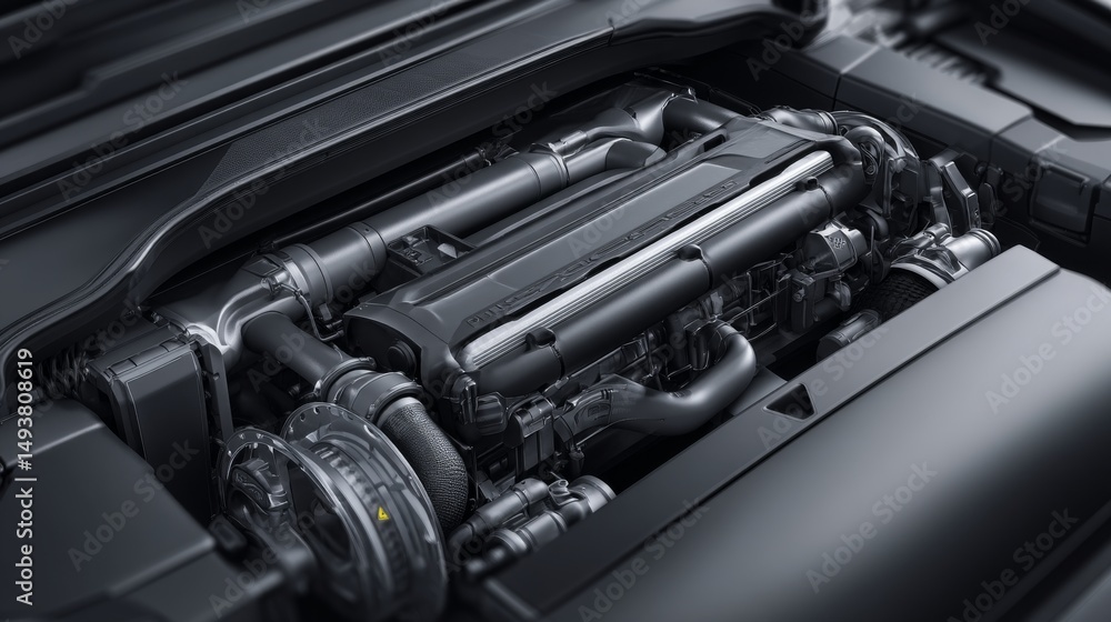 Poster close-up view of a modern engine showcasing intricate mechanical design.