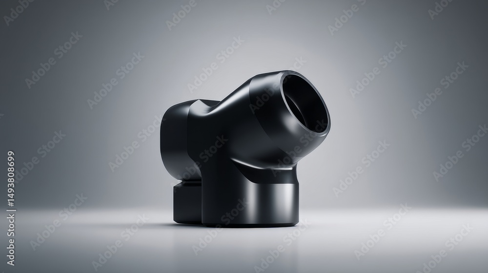 Poster close-up view of a sleek black mechanical part on a gradient background.