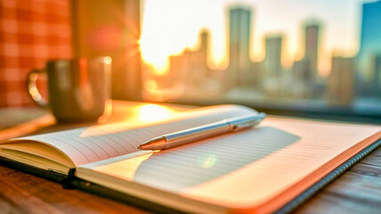 A close-up photograph of a notebook and pen on a city balcony during sunset