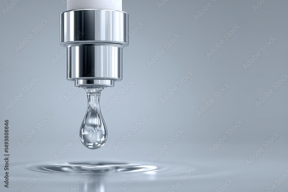 Aufkleber close up shot capturing a droplet falling from the end of a shiny chrome tap, creating ripples in th