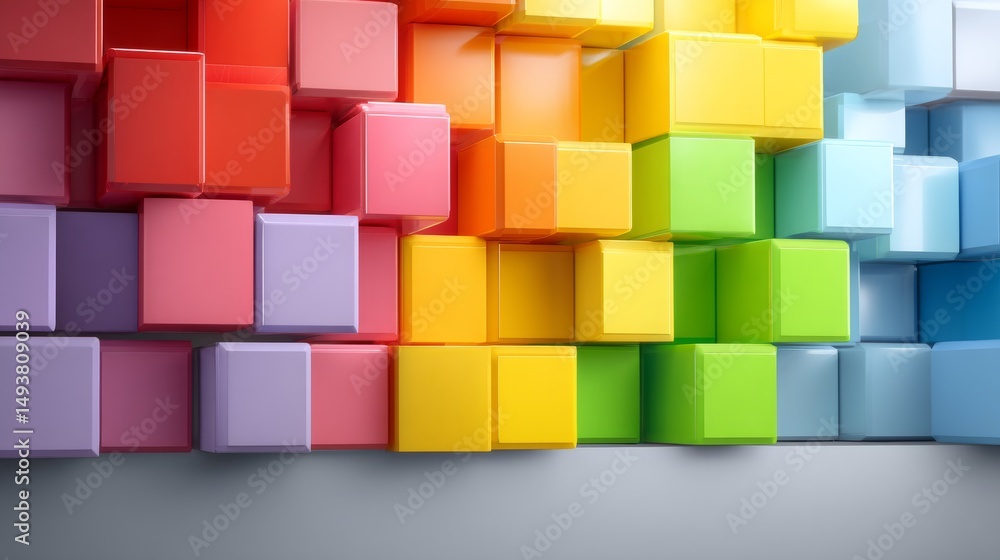 Poster colorful 3d cubes arranged in a vibrant, artistic pattern on a simple background.