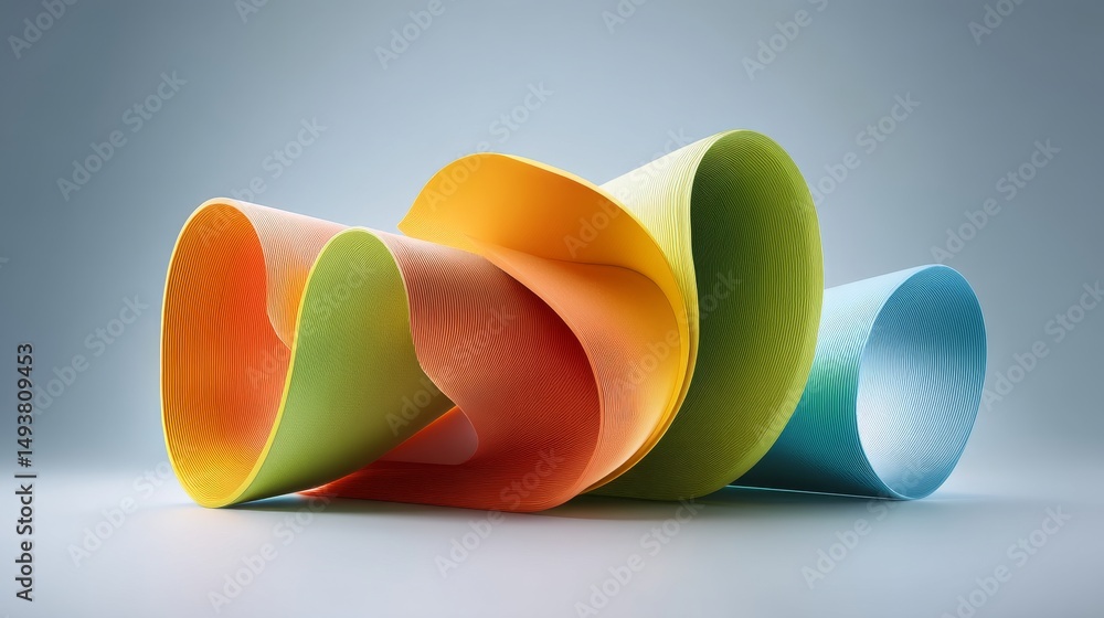 Poster colorful abstract paper shapes arranged in an artistic composition on a gradient background.