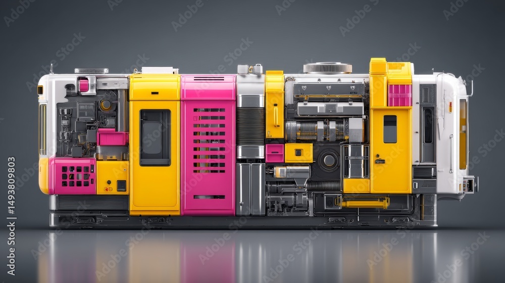 Poster colorful and modern machine design showcasing intricate components and machinery.