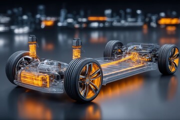 Fototapeta premium High-tech car chassis illustration with luminous orange details and advanced design, showcasing the elegance and complexity of modern automotive engineering.