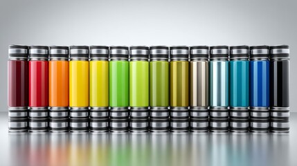 Fototapeta premium Colorful batteries arranged in a row with reflections on a smooth surface.