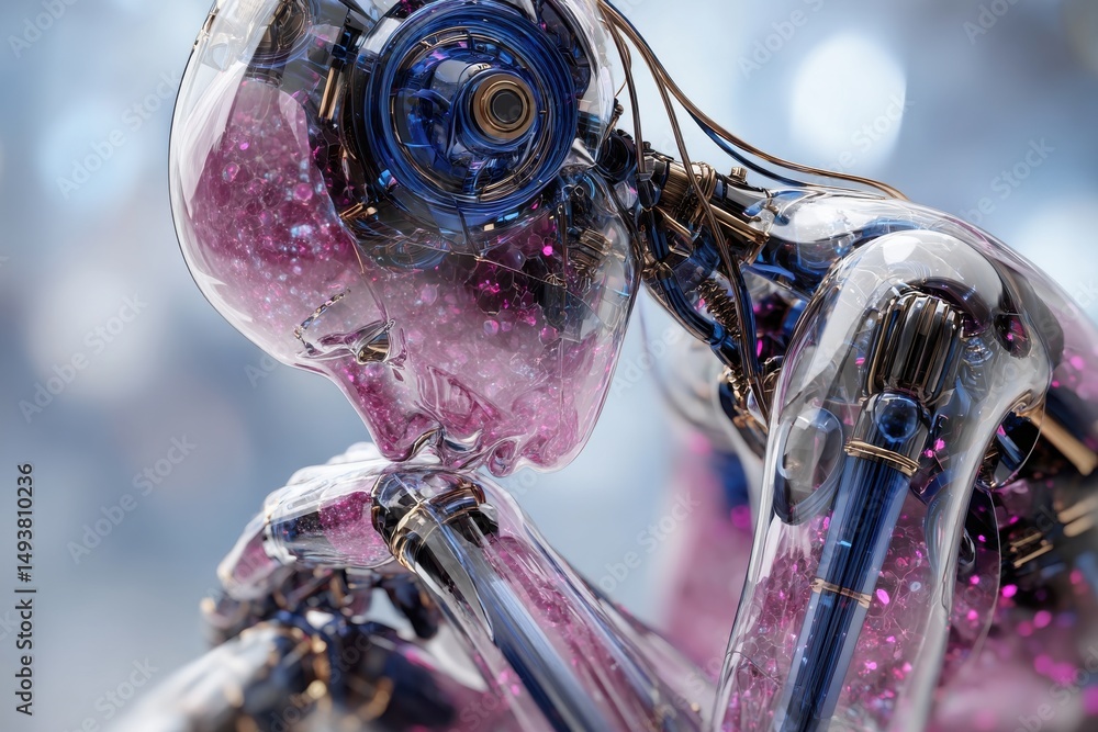 Poster a close-up of a futuristic, transparent humanoid robot deep in thought, showcasing its intricate mec