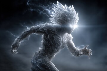 A powerful, crystalline humanoid figure with glowing eyes runs in the darkness, with lightning emanating from its body, creating a dynamic and mystical scene.