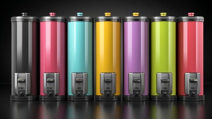 Fototapeta premium Colorful beverage dispensers lined up on a dark background for drinks service.