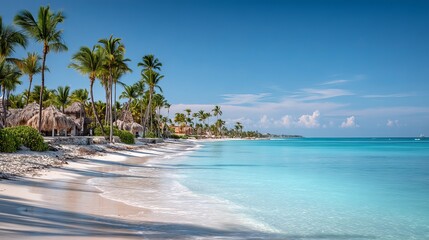 Obraz premium White sandy beach in Cap Cana Dominican Republic Beautiful tropical resort background with ocean view