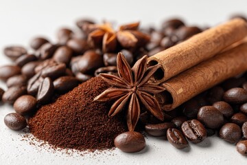 Aromatic coffee composition of roasted beans, ground coffee, cinnamon sticks and star anise, showcasing warm colors and inviting textures on a clean, white surface.
