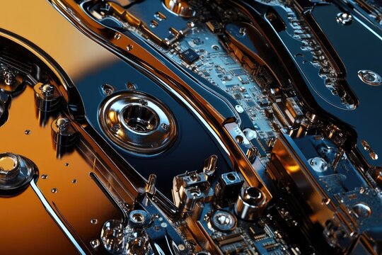 Close-up of a hard drive's intricate internal components, showcasing its complex mechanical and electronic design.