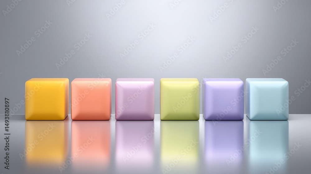 Poster colorful cubes arranged in a line reflecting light on a smooth surface.