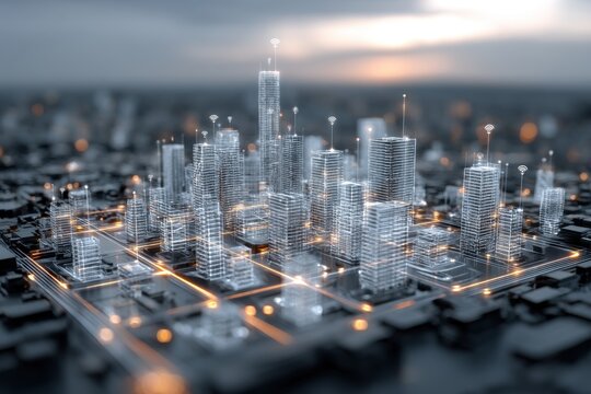 Futuristic city skyline with glowing data streams and wireless communication signals, symbolizing the interconnectedness of smart urban infrastructure in a digital world.