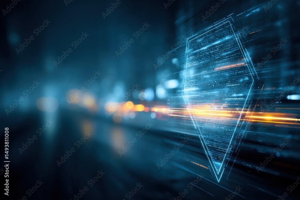 Poster a futuristic technology background showcasing data streams and cyber security protection, with a glo