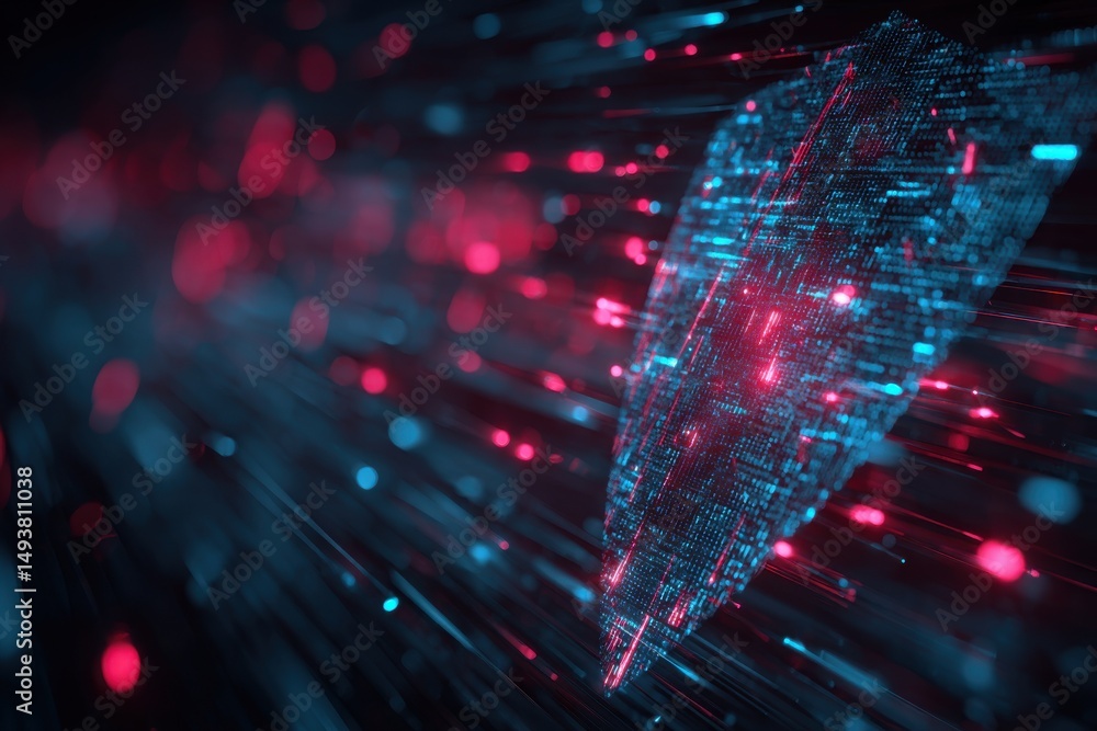 Poster abstract futuristic technology background with glowing red and blue data streams, highlighting cyber
