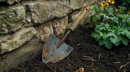 Rustic trowel in dark garden soil