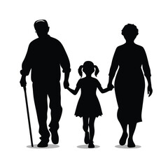 Silhouette of a grandfather grandmother and granddaughter walking together holding hands