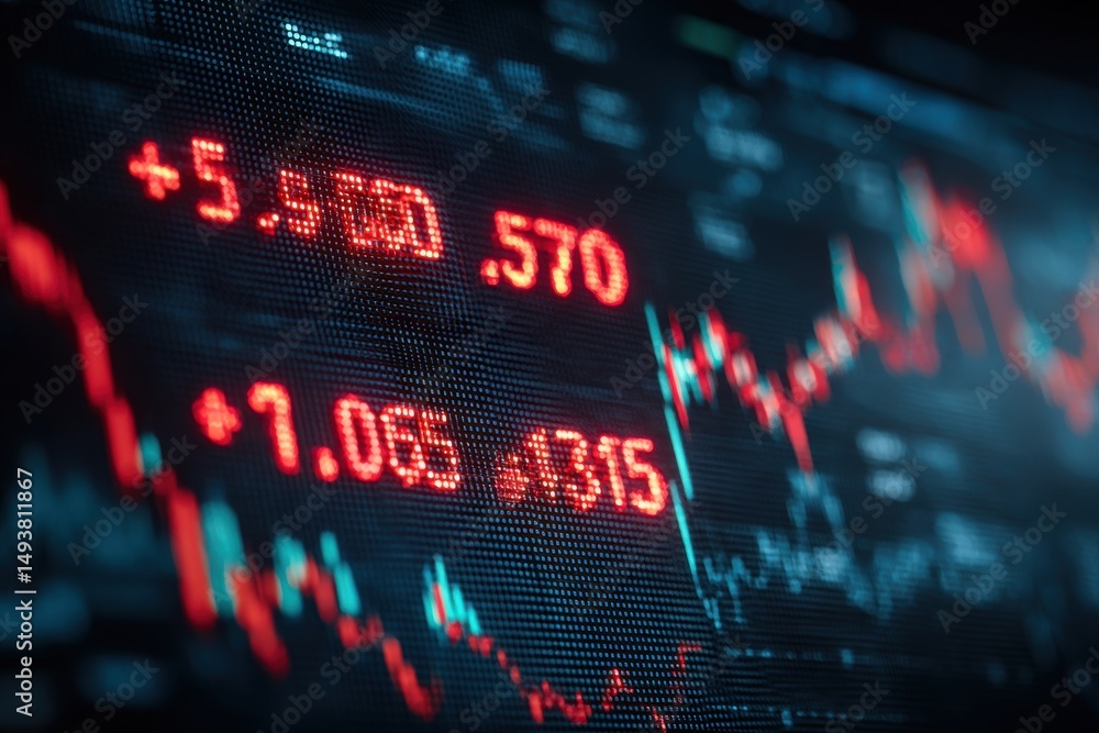 Aufkleber a close-up view of a digital stock market display showing dropping numbers in red and blue, indicati