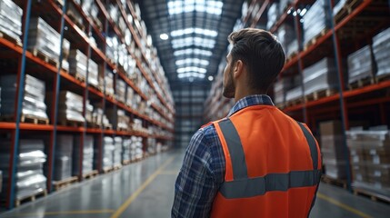 A warehouse worker uses a voice-activated system to manage inventory in a large warehouse, offering an interactive and hands-free approach to efficiency.