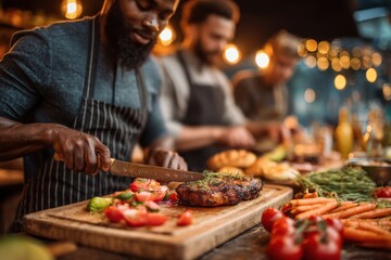 A close-up view of a chef preparing a gourmet meal, artfully slicing fresh tomatoes and seared steak on a wooden cutting board with other chefs in the background.