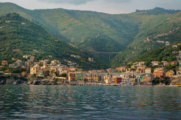 View from the Mediterranean sea of the colorful buildings of the town of Nervi in the mountains, Liguria, Genoa, Italy, Europe