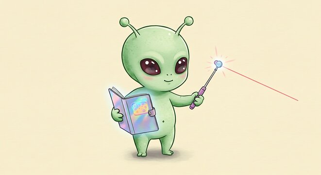 Enchanting Extraterrestrial: A whimsical illustration showcases a cheerful alien holding a magic wand, conjuring a beam of light while reading a mystical book with an inviting demeanor. 