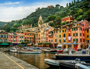 famous resort town of Portofino, a rich harbor with colorful houses and boats in the Mediterranean Sea