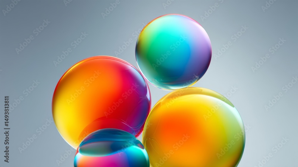 Poster colorful spheres reflecting light, creating a dynamic visual experience.