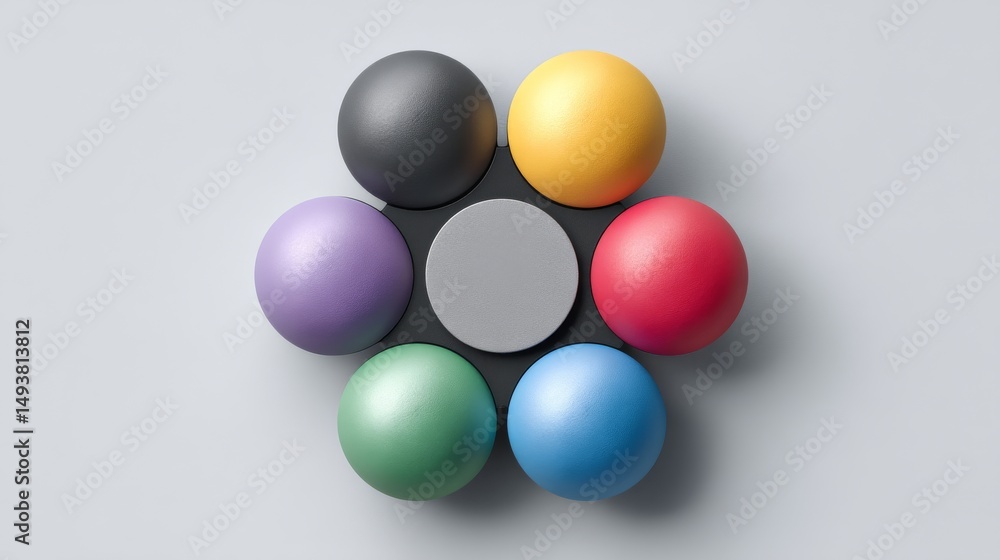 Poster colorful spheres arranged in a flower-like pattern on a minimalistic background.