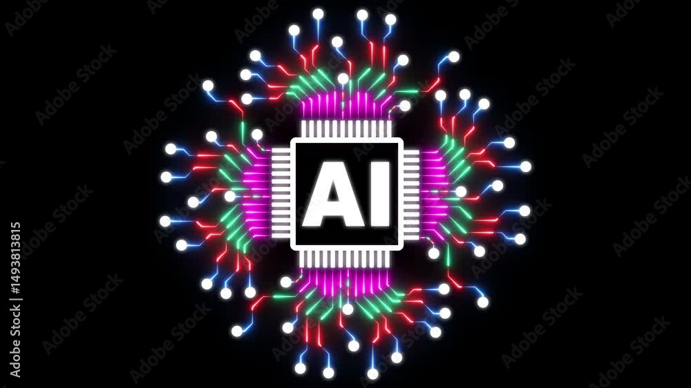 Poster futuristic ai processor chip with vibrant neon circuit pathways ,ai technology and future innovation