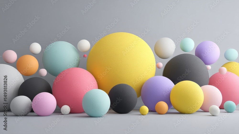 Poster colorful spheres of various sizes create a vibrant 3d abstract composition.