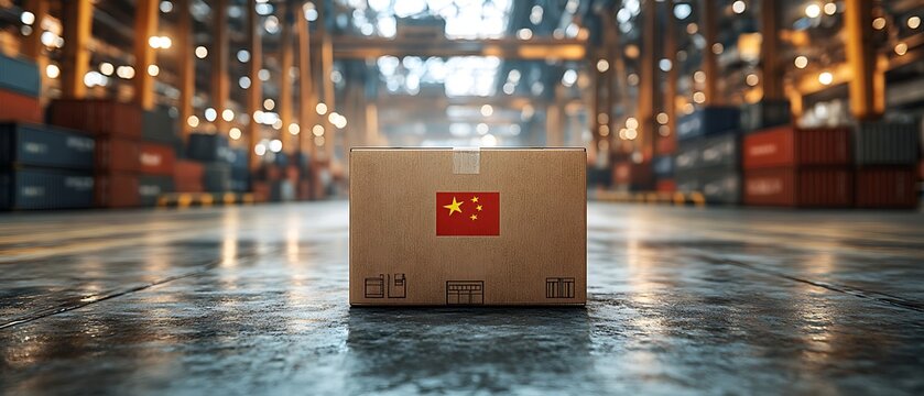 Cardboard Box with Chinese Flag in Warehouse - Powered by Adobe