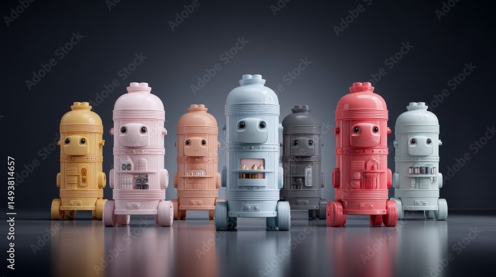 Poster colorful toy robots lined up in a modern design showcase on a dark background.