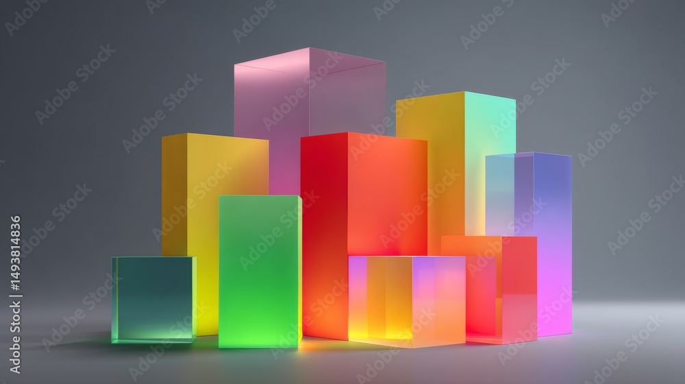 Poster colorful translucent blocks create vibrant light displays in an artistic arrangement.