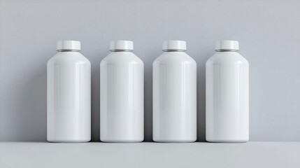 Four blank white bottles on a gray background, ready for your design.