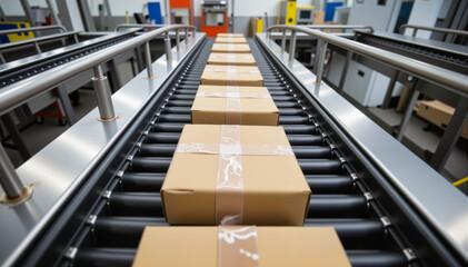 Fototapeta premium Brown cardboard boxes moving on conveyor belt in a warehouse, logistics and supply chain concept.