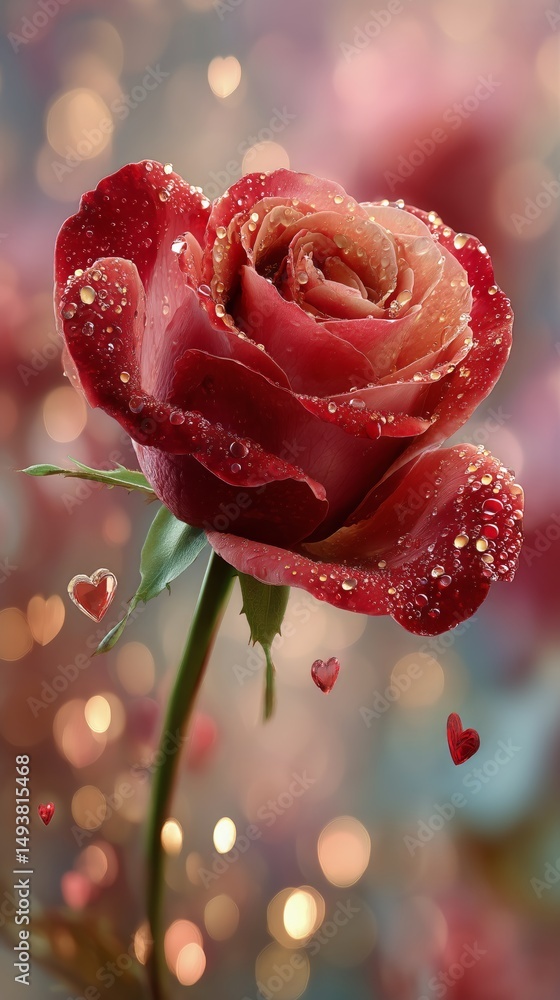 Poster beautiful red rose adorned with droplets and hearts in a soft bokeh background