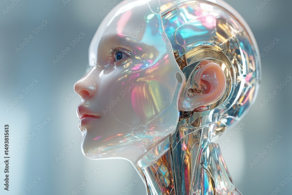 Poster a futuristic portrait of a humanoid robot with a translucent skin revealing its inner mechanisms, di