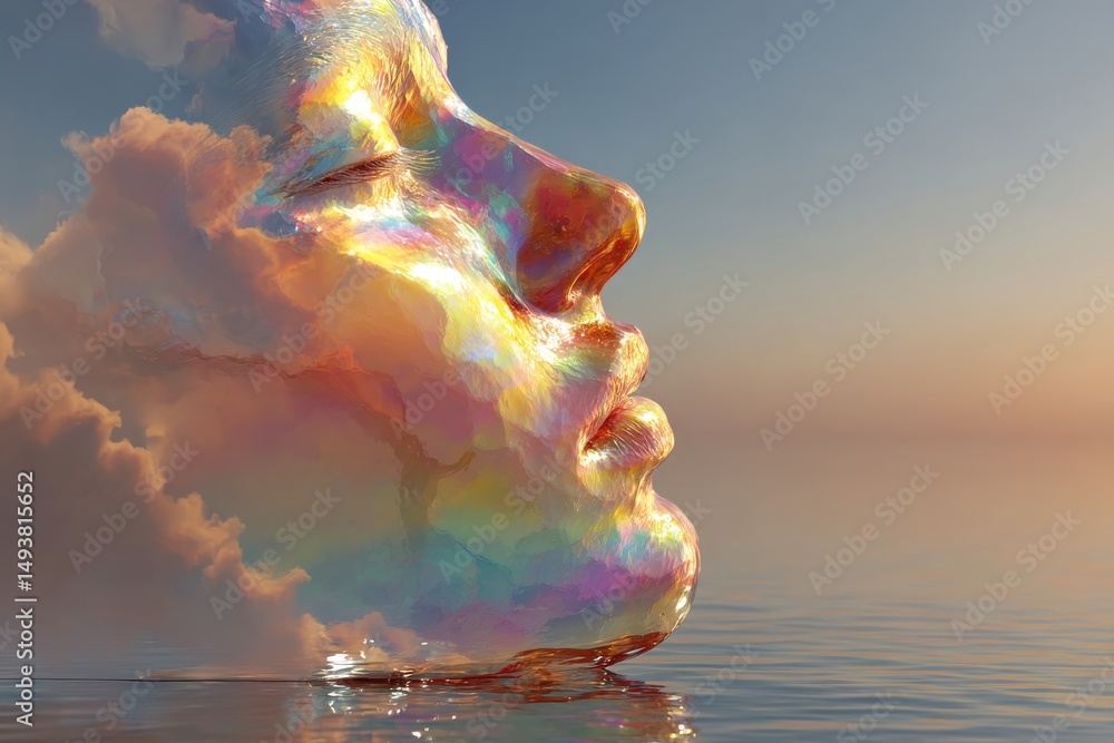 Poster surreal holographic head emerging from water, blending with clouds against a serene sky, creating a 