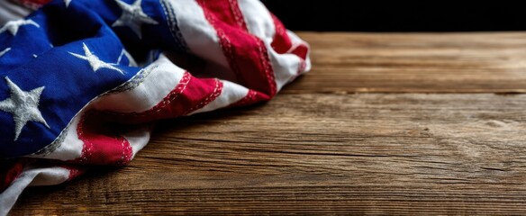 The American flag draped over a rustic wooden table.
