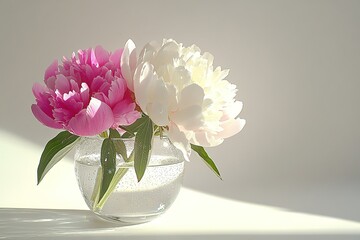 Obraz premium Clean and natural photo simple bouquet of pink and white peonies in glass vase with a plain white background. Ideal for lifestyle blogs, floral promotions and minimalist concepts