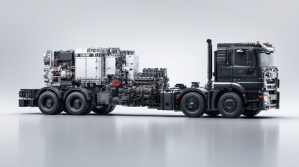 Fototapeta premium Detailed side view of a modern truck showcasing its powerful engine components.